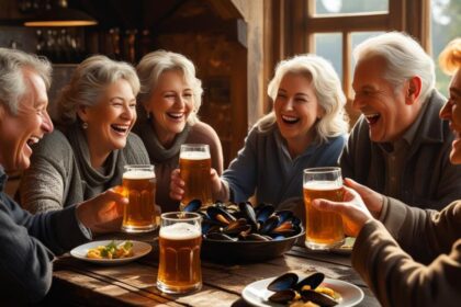 b a small group of mature friends enjoying each others company, good Beer Steamed Mussels and great beer
