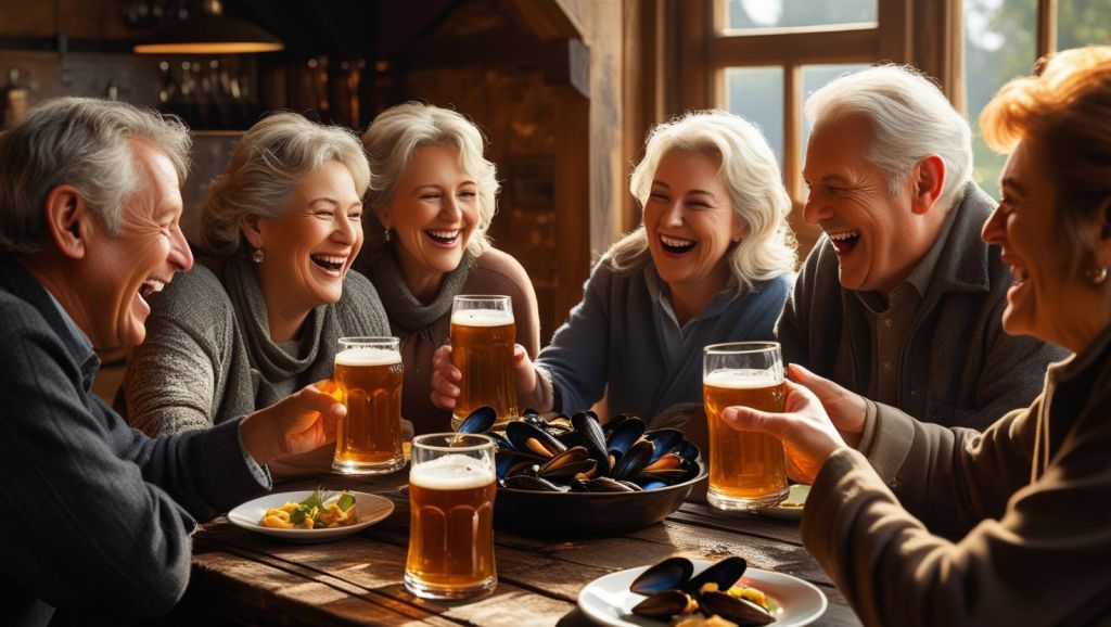 b a small group of mature friends enjoying each others company, good Beer Steamed Mussels and great beer