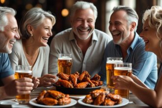 b a small group of mature friends enjoying each others company, good Buffalo Chicken Wings and great beer