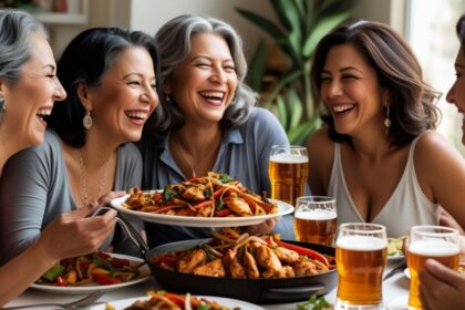 b a small group of mature friends enjoying each others company, good Chicken Fajitas and great beer ()