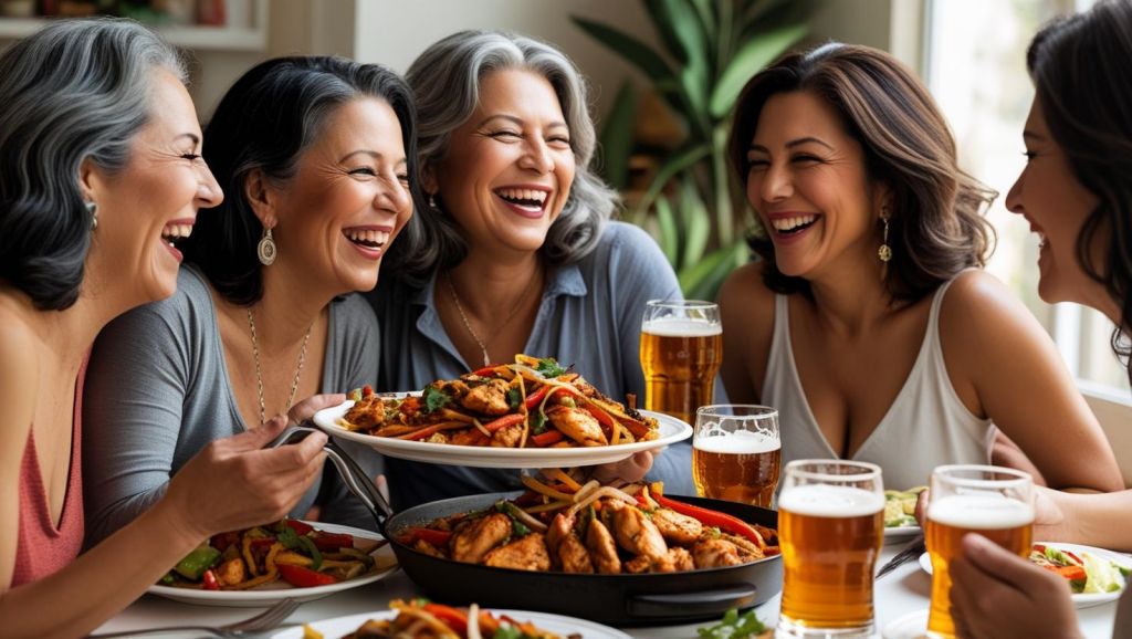 b a small group of mature friends enjoying each others company, good Chicken Fajitas and great beer ()