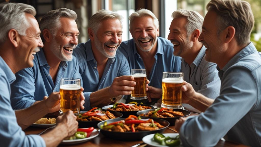 b a small group of mature friends enjoying each others company, good Chicken Fajitas and great beer