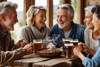 b a small group of mature friends enjoying each others company, good Chili and great beer