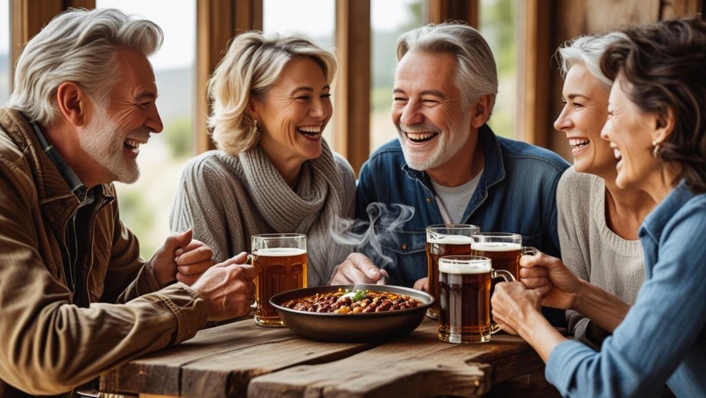 b a small group of mature friends enjoying each others company, good Chili and great beer
