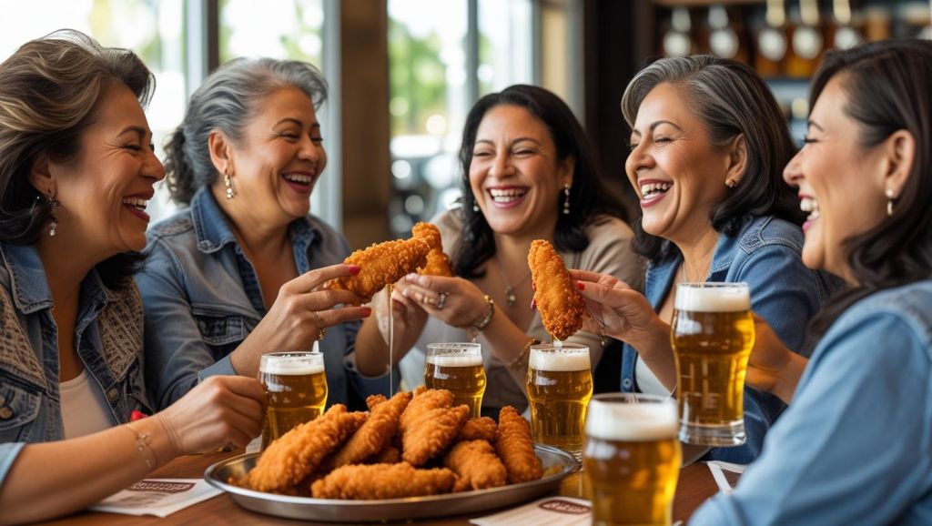 b a small group of mature friends enjoying each others company, good Crispy Beer Battered Chicken Tenders and great beer ()