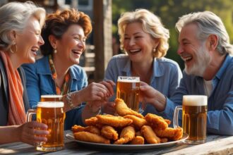 b a small group of mature friends enjoying each others company, good Crispy Beer Battered Chicken Tenders and great beer