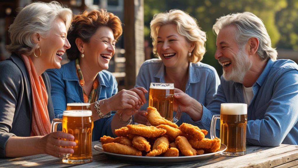 b a small group of mature friends enjoying each others company, good Crispy Beer Battered Chicken Tenders and great beer