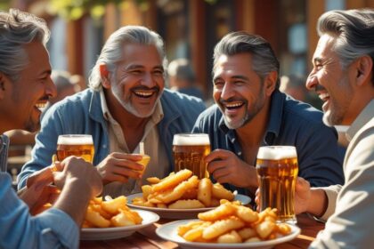 b a small group of mature friends enjoying each others company, good Fish & Chips and great beer ()