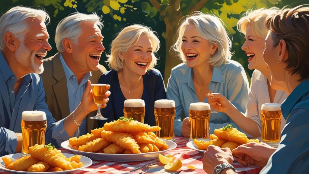 b a small group of mature friends enjoying each others company, good Fish & Chips and great beer