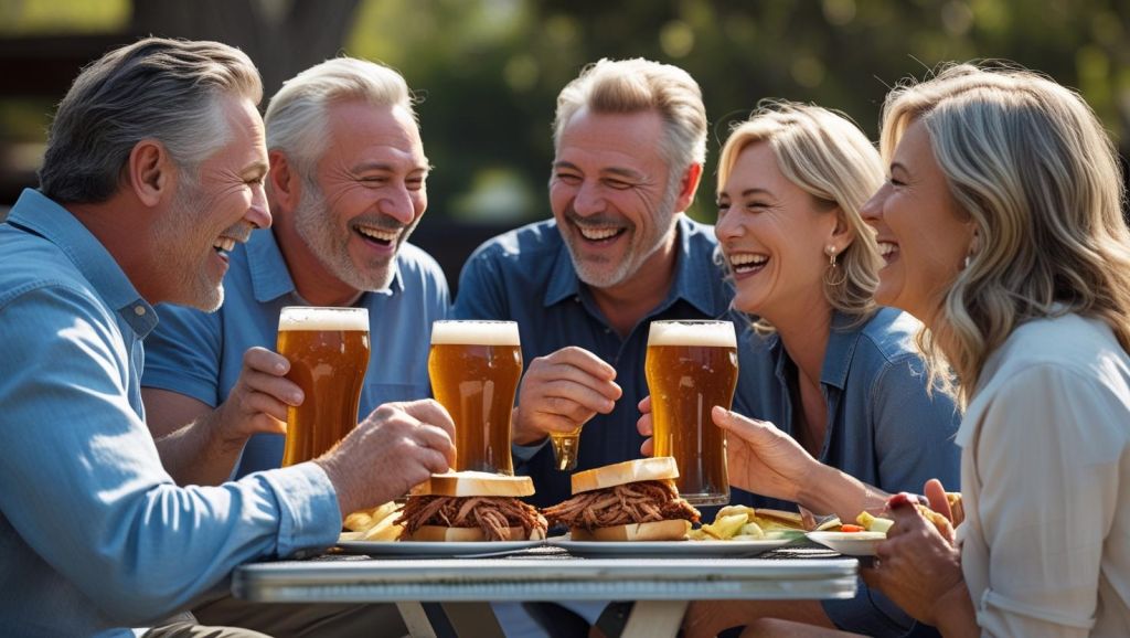 b a small group of mature friends enjoying each others company, good Pulled Pork Sandwiches and great beer ()