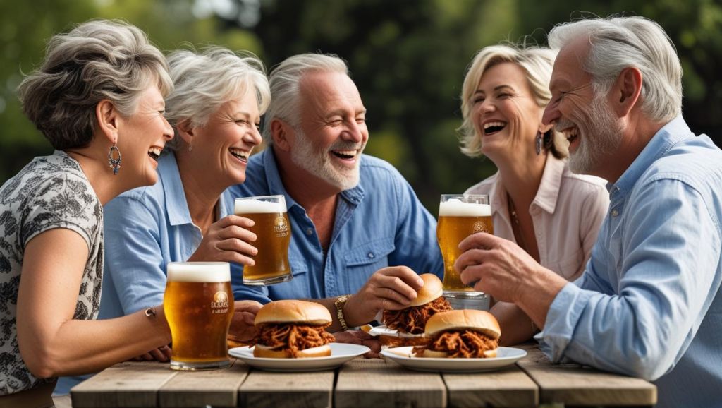 b a small group of mature friends enjoying each others company, good Pulled Pork Sandwiches and great beer