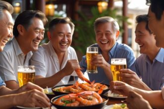b a small group of mature friends enjoying each others company, good Shrimp with Garlic Butter and great beer ()