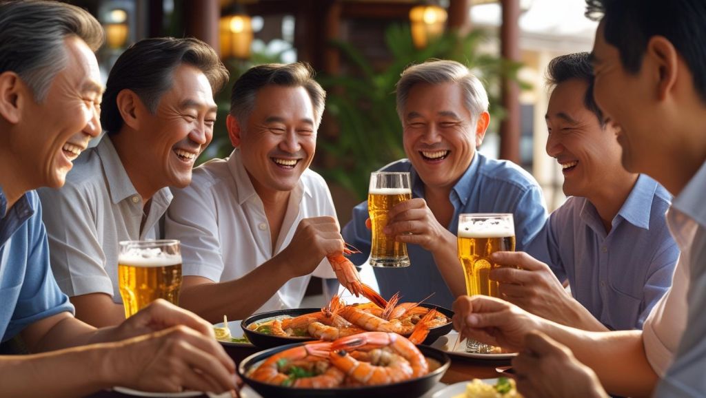 b a small group of mature friends enjoying each others company, good Shrimp with Garlic Butter and great beer ()