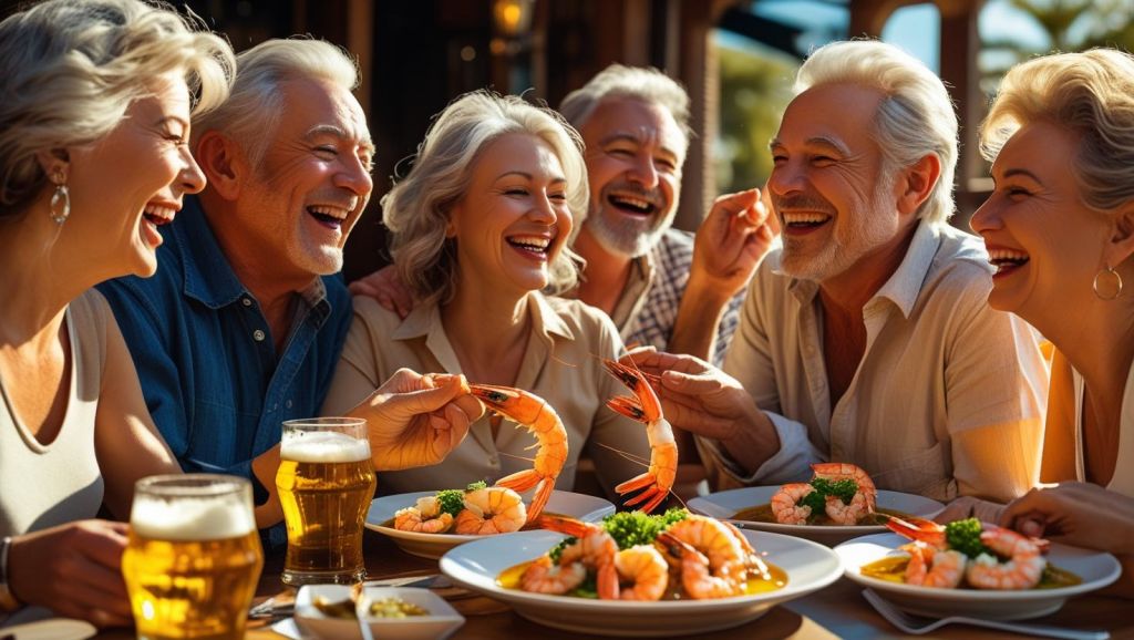 b a small group of mature friends enjoying each others company, good Shrimp with Garlic Butter and great beer