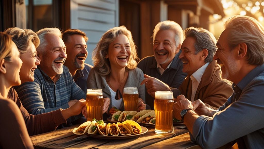 b a small group of mature friends enjoying each others company, good Tacos and great beer ()