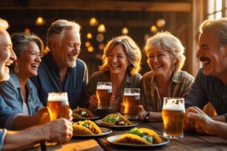 b a small group of mature friends enjoying each others company, good Tacos and great beer