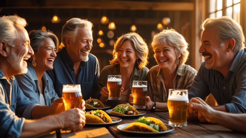 b a small group of mature friends enjoying each others company, good Tacos and great beer