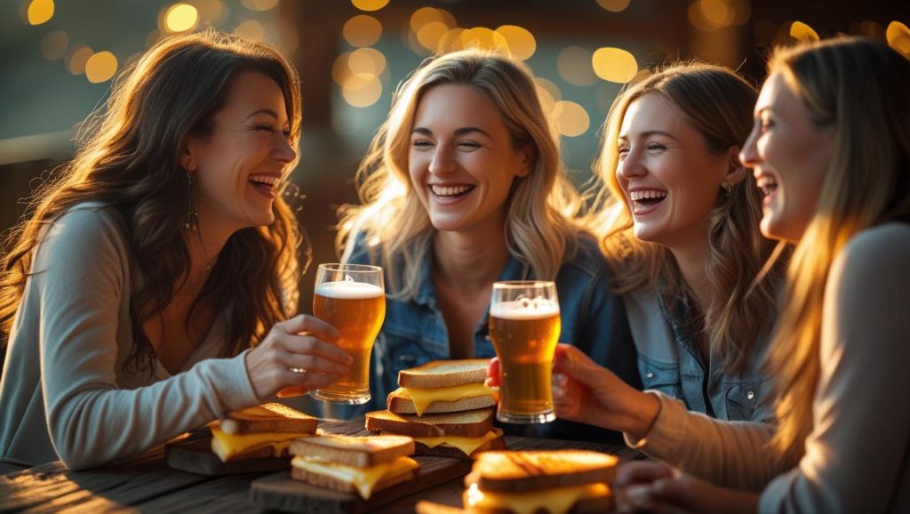 b a small group of white adult friends enjoying each others company, Grilled Cheese and great beer ()