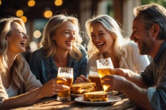 b a small group of white adult friends enjoying each others company, Grilled Cheese and great beer