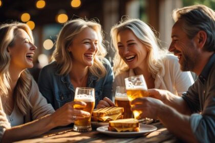 b a small group of white adult friends enjoying each others company, Grilled Cheese and great beer