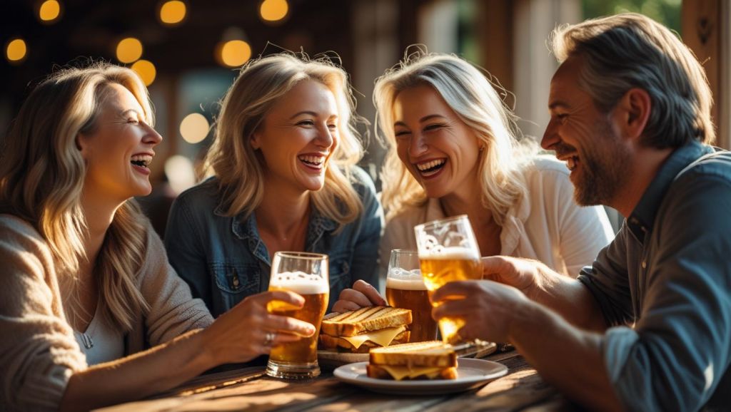 b a small group of white adult friends enjoying each others company, Grilled Cheese and great beer