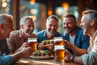 b a small group of white adult friends enjoying each others company, Meatball Subs and great beer