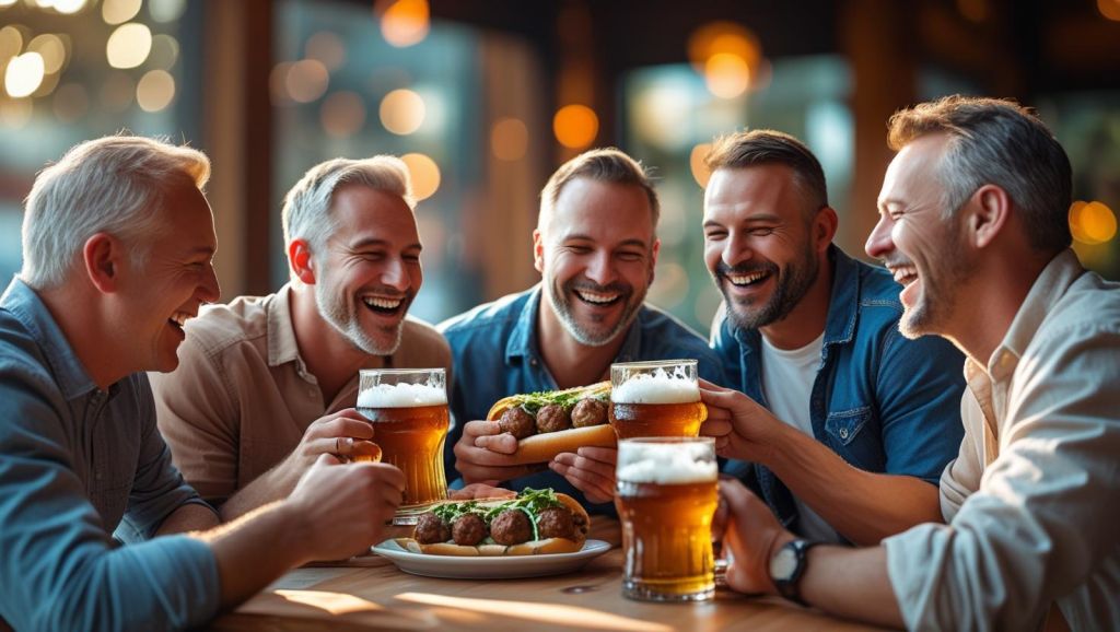 b a small group of white adult friends enjoying each others company, Meatball Subs and great beer