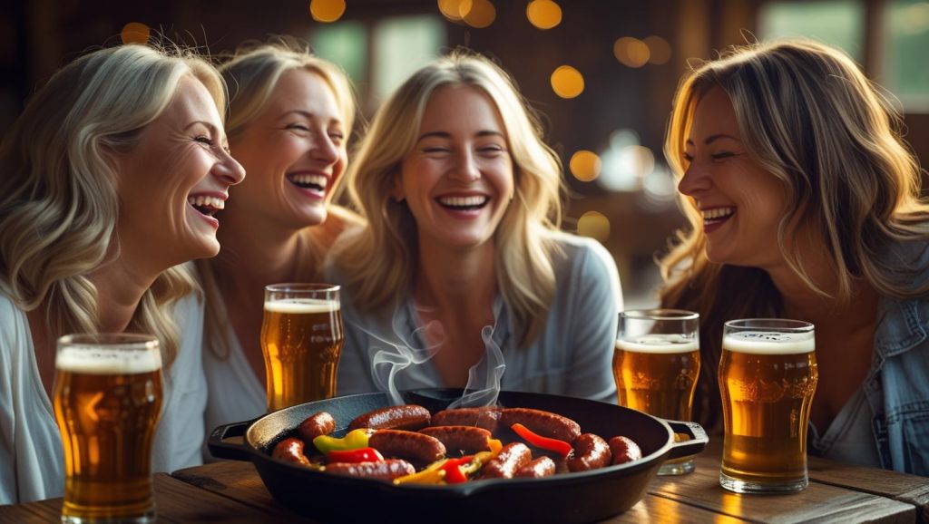 b a small group of white adult friends enjoying each others company, Sausage & Peppers Skillet and great beer ()