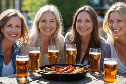 b a small group of white adult friends enjoying each others company, Sausage & Peppers Skillet and great beer