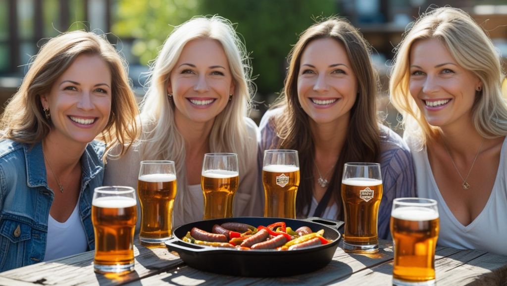 b a small group of white adult friends enjoying each others company, Sausage & Peppers Skillet and great beer