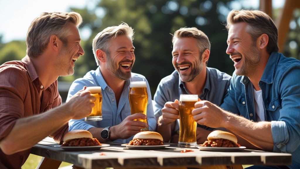 b a small group of white adult friends enjoying each others company, Sloppy Joes and great beer ()