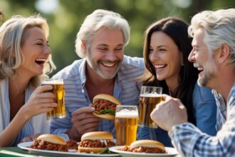 b a small group of white adult friends enjoying each others company, Sloppy Joes and great beer