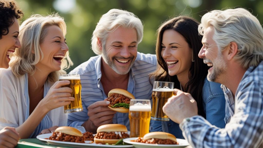 b a small group of white adult friends enjoying each others company, Sloppy Joes and great beer