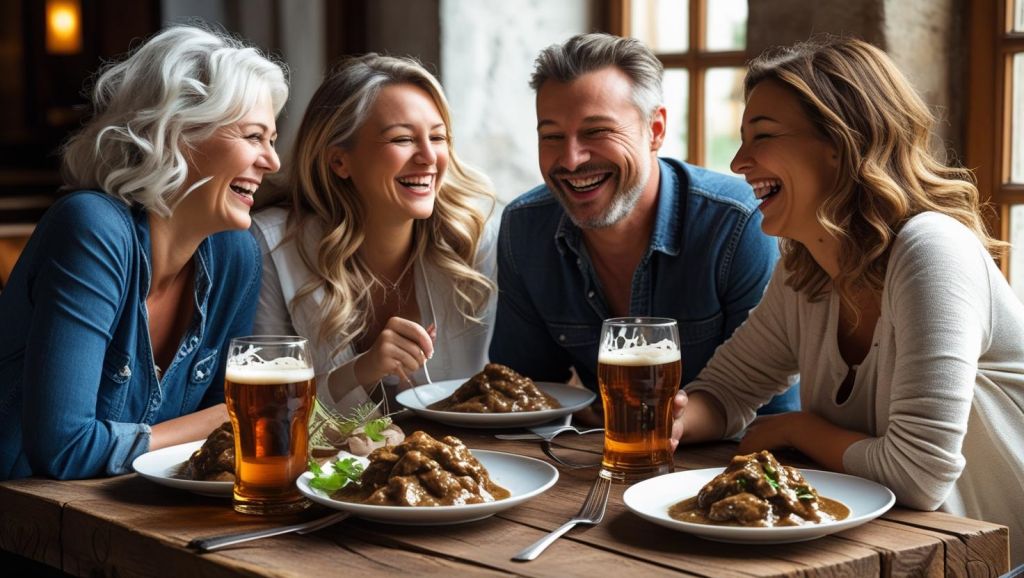 b a small group of white adult friends enjoying each others company, plates of Beef Stroganoff and great beer ()