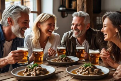 b a small group of white adult friends enjoying each others company, plates of Beef Stroganoff and great beer