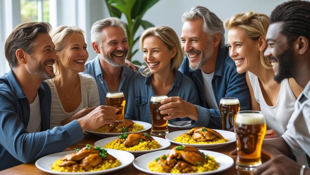b a small group of white adult friends enjoying each others company, plates of Chicken meat in Rice meal and great beer ()