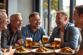 b a small group of white adult friends enjoying each others company, plates of Chicken meat in Rice meal and great beer