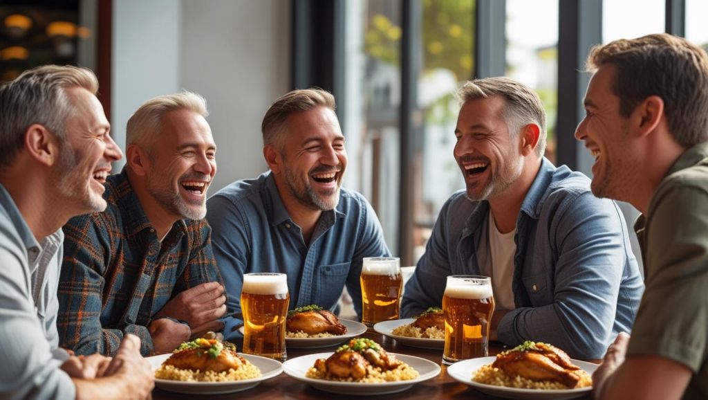 b a small group of white adult friends enjoying each others company, plates of Chicken meat in Rice meal and great beer