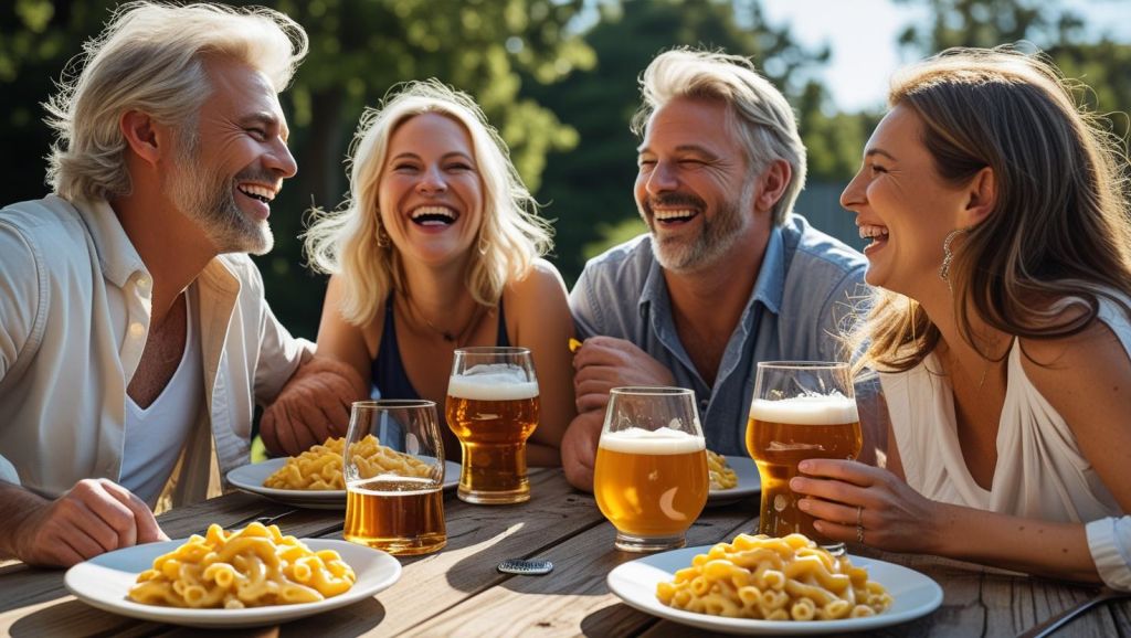 b a small group of white adult friends enjoying each others company, plates of Mac & Cheese and great beer