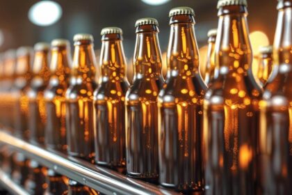 beer bottles in formation to be filled () ()