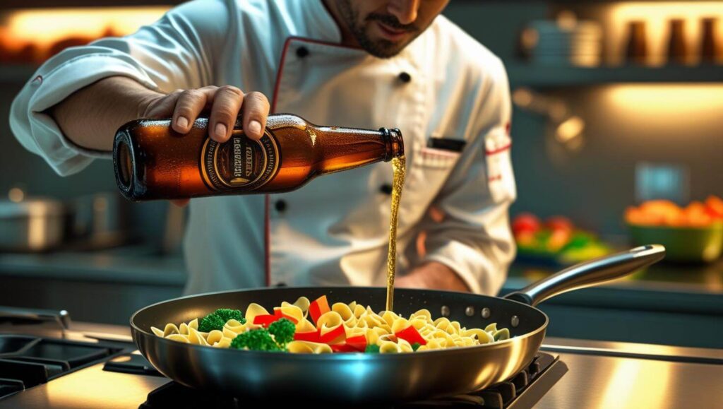 chef in fancy kitchen pouring beer from a bottle into a pan with pasta and cut vegetables ()