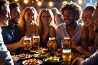 friends in a living room, enjoying beers, food on table ()