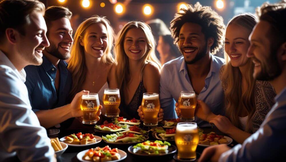 friends in a living room, enjoying beers, food on table ()