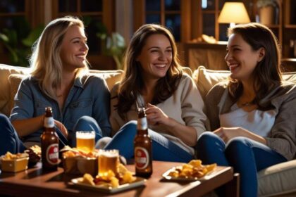 friends in a living room, enjoying beers, food on table ()