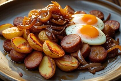 h Crispy potatoes, savory sausage, sweet caramelized onions, and jammy or runny eggs () ()