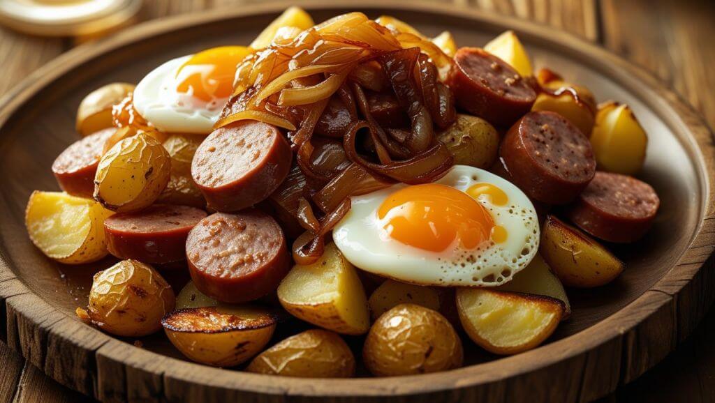 h Crispy potatoes, savory sausage, sweet caramelized onions, and jammy or runny eggs () ()