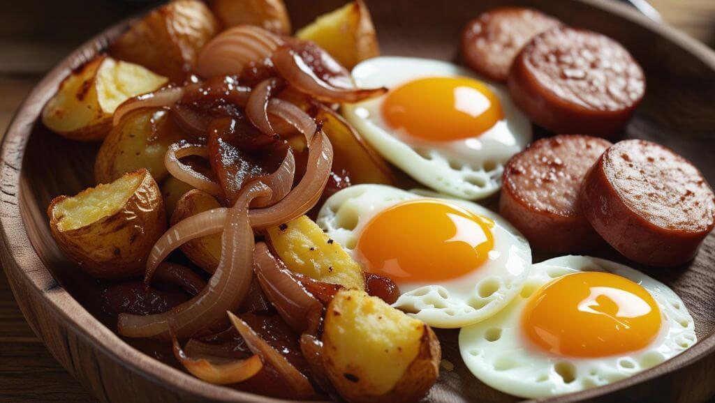 h Crispy potatoes, savory sausage, sweet caramelized onions, and jammy or runny eggs ()