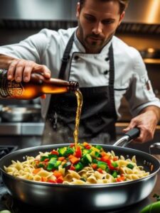 h chef in fancy kitchen pouring beer from a bottle into a pan with pasta and cut vegetables () ()