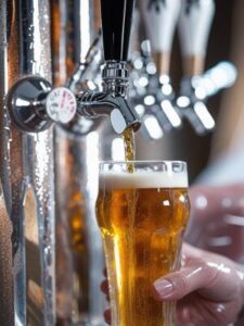 h close up of beer dispenser tap pouring into tall beer glass ()
